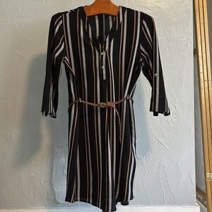rue21 3/4 Sleeve Dress Medium Black with Brown White Vertical Stripes Boho